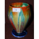 A CLARICE CLIFF DELECIA VASE WITH MOTTLED ORANGE, GREEN AND BLUE GLAZE, 16.5 CM HIGH
