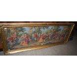 GILT FRAMED TAPESTRY PANEL DEPICTING 18TH CENTURY FIGURES IN A GARDEN SETTING