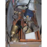 BOX OF ASSORTED HOUSEHOLD ITEMS TO INCLUDE BOOK RACK, SCALES, BRASSWARE, HAND BELL, TILLY LAMP