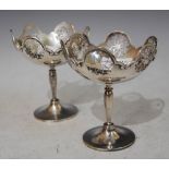 PAIR OF SHEFFIELD SILVER PEDESTAL BONBON DISHES WITH PIERCED RIM DETAIL, MAKERS MARK OF 'B & S', 7.3