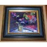 •AR MARGARET BALLANTYNE PAI SAAC (SCOTTISH b1936) STILL FLORAL LIFE WITH PURPLE ANEMONES OIL ON