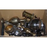 BOX OF ASSORTED EP WARE AND BRASSWARE