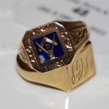 A 9CT GOLD AND BLUE ENAMEL SIGNET RING OF MASONIC INTEREST, TOGETHER WITH ANOTHER 9CT GOLD SIGNET
