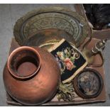 BOX OF ASSORTED COPPER AND BRASSWARE TO INCLUDE A BELL PULL