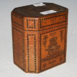 WORLD WAR I INTEREST - A TEA CADDY WITH PEN WORK DETAIL, THE ROYAL ARTILLERY BEARING DATE 1917,