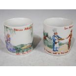 PAIR OF HAND-PAINTED POTTERY MUGS, ONE INSCRIBED 'IAN ATKINSON' DECORATED WITH 'SIMON MET A PIEMAN