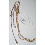 A 9CT GOLD NECKLACE, 3.8 GRAMS, TOGETHER WITH A YELLOW METAL CHAIN SUSPENDING PEARL SHAPED
