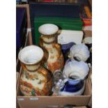 BOX OF ASSORTED CERAMICS TO INCLUDE PAIR OF SATSUMA STYLE TWIN-HANDLED VASES, PAIR OF DECORATIVE