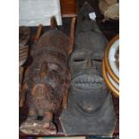 TRIBAL ART: A MID-20TH CENTURY AFRICAN CARVED WOOD WALL MASK, 74CM LONG, TOGETHER WITH A TRIBAL