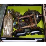 BOX OF VARIOUS ITEMS TO INCLUDE TABLE-TOP SEWING MACHINE, AND SIX ASSORTED NOVELTY TABLE LIGHTERS