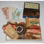 BOX OF ASSORTED VINTAGE COINAGE AND BANK NOTES