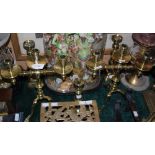 PAIR OF HANDSOME BRASS THREE-LIGHT CANDELABRA, TOGETHER WITH A PAIR OF BRASS EJECTOR CANDLESTICKS
