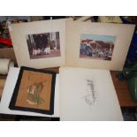 COLLECTION OF PICTURES AND PRINTS TO INCLUDE TWO EARLY 20TH CENTURY WATERCOLOURS, ONE 'WORSHIPPING