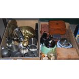 TWO BOXES OF ASSORTED HOUSEHOLD WARE TO INCLUDE PEWTER, BRASSWARE, ORNAMENTAL FIGURES, CERAMIC