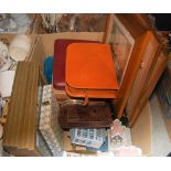 BOX OF ASSORTED HOUSEHOLD GOODS, PICTURES, CANDLESTICKS, ORNAMENTAL BUILDINGS, SHAVING SETS, ETC