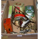 BOX OF ASSORTED HOUSEHOLD ITEMS TO INCLUDE PART CANTEEN TRIVET, HORN VASE, TINS, ETC