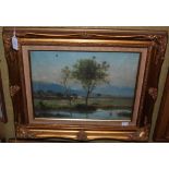 LATE 19TH / EARLY 20TH CENTURY CONTINENTAL SCHOOL A LANDSCAPE WITH FIGURES AND LAKE OIL ON CANVAS,