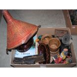 BOX OF ASSORTED ITEMS TO INCLUDE NESTING HEN, CARVED WOODEN FIGURES, BASKET WOVEN ITEMS, FISHING