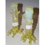 A PAIR OF VICTORIAN VASELINE GLASS BUD VASES, 15.5CM HIGH