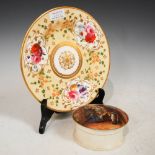 A 19TH CENTURY ENGLISH PORCELAIN HAND-PAINTED CABINET PLATE WITH THREE PANELS OF COLOURFUL FLOWERS