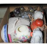 BOX OF ASSORTED CERAMICS AND GLASS TO INCLUDE CHEESE BELL AND STAND, PAIR OF POTTERY DOGS