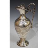 ELECTROPLATED CLARET JUG BY 'WALKER AND HALL' WITH ENGRAVED DECORATION OF BACCHANALIAN PUTTI