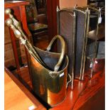 A GROUP OF FIRESIDE ITEMS TO INCLUDE BRASS COAL SCUTTLE, FOUR FOLD SPARK GUARD, AND THREE FIRE