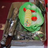 BOX OF ASSORTED ELECTROPLATED FLATWARE, CARLTON WARE, AND CERAMICS