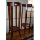 TWO EDWARDIAN MAHOGANY AND BOXWOOD LINED CIRCULAR JARDINIERE STANDS