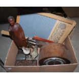 BOX OF ASSORTED HOUSEHOLD ITEMS TO INCLUDE WASHBOARD, MANTLE CLOCK, CARVED WOOD FIGURE, PAIR OF