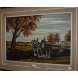 THREE FRAMED DECORATIVE MODERN BRITISH SCHOOL PAINTINGS, INCLUDING A M CUMMING, AUTUMN PLOUGHING,