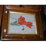 MOSAIC PANEL DECORATED WITH TWO TULIPS WORKED IN RED, PURPLE, GREEN AND WHITE MOSAIC PIECES,