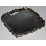SHEFFIELD SILVER SALVER OF SHAPED SQUARE FORM ON FOUR SCROLL FEET BEARING PRESENTATION
