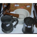 TWO PEWTER TANKARDS, A MORTAR AND PESTLE, AND A HAND BELL