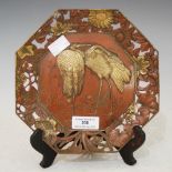 LATE 19TH/ EARLY 20TH CENTURY JAPANESE BRONZED SPELTER OCTAGONAL-SHAPED DISH, DECORATED IN RELIEF