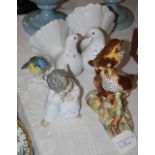 A ROYAL CROWN DERBY THRUSH CHICKS FIGURE GROUP, LLADRO DOUBLE DOVE GROUP, BLUE TIT FIGURE AND A