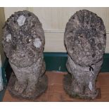 A PAIR OF COMPOSITE STONE LION FIGURES, 50CM HIGH X 25CM WIDE X 30CM DEEP