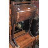 A STAINED WOOD SEWING CADDY ON STAND TOGETHER WITH A STAINED PINE RECTANGULAR STOOL