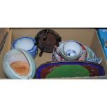 BOX - ASSORTED CERAMICS TO INCLUDE IMARI BOWLS, CARVED AND PIERCED WOOD STAND, TWO CLOISONNE TRAYS