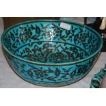 A BLACK PAINTED AND TURQUOISE GLAZED KUBACHI-STYLE POTTERY BOWL, IRAN LATE 19TH/ EARLY 20TH CENTURY