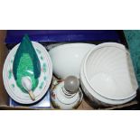FOUR BOXES OF ASSORTED CERAMICS, GLASSWARE, JELLY MOULDS, TABLE LAMPS, ETC