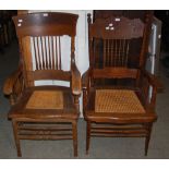 TWO OAK ARMCHAIRS, BOTH WITH SPINDLE BACKS, BOTH WITH CANEWORK SEATS