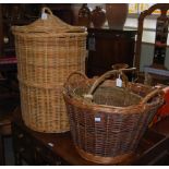 A COLLECTION OF SIX WICKER ITEMS TO INCLUDE A CYLINDRICAL FORM LAUNDRY BASKET, TWO CIRCULAR FORM