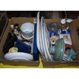 TWO BOXES OF ASSORTED CERAMICS, DRAWING INSTRUMENTS, ETC