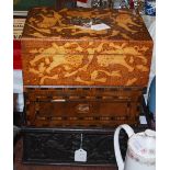 AN ARTS AND CRAFTS STYLE POKER WORK JEWELLERY BOX, A WALNUT AND PARQUETRY INLAID WORK BOX, AND A