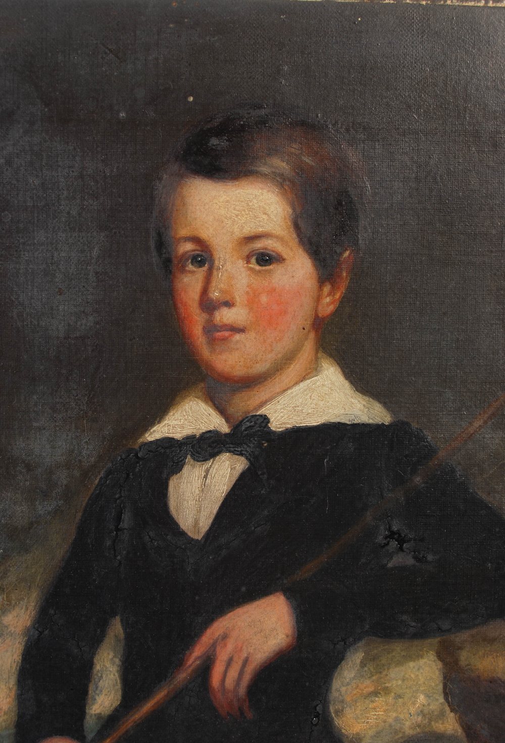 A 19TH CENTURY BRITISH SCHOOL, THREE QUARTER LENGTH PORTRAIT OF A BOY HOLDING A FISHING ROD, OIL - Bild 3 aus 4