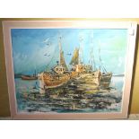 •AR TORQUIL J MACLEOD (1933-2002) - "BOATS AT ANCHOR", OIL ON CANVAS, SIGNED LOWER RIGHT, 59.5CM X