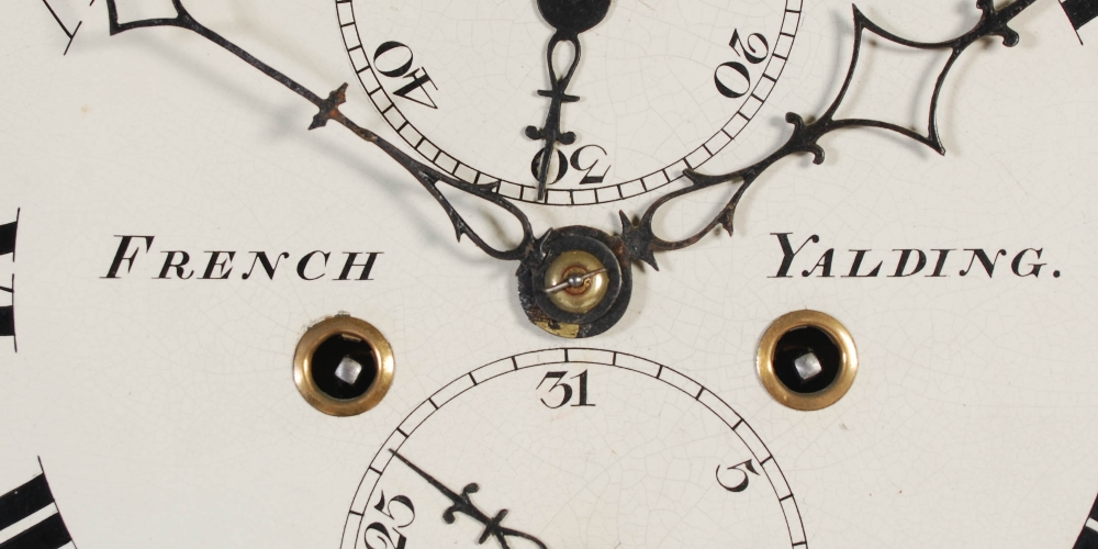 A GEORGE III MAHOGANY LONGCASE CLOCK, FRENCH, YALDING, THE ENAMEL DIAL WITH ROMAN NUMERALS, - Image 3 of 9