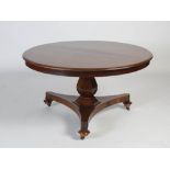 A 19TH CENTURY MAHOGANY SNAP TOP SUPPER TABLE, THE HINGED CIRCULAR TOP ON A HEXAGONAL BALUSTER