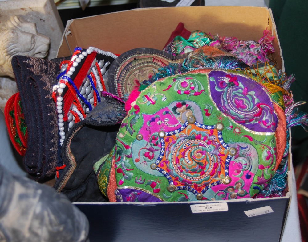 BOX OF ASSORTED CHINESE SILK WORK AND NEEDLEWORK CAPS, TEXTILES AND ACCESSORIES